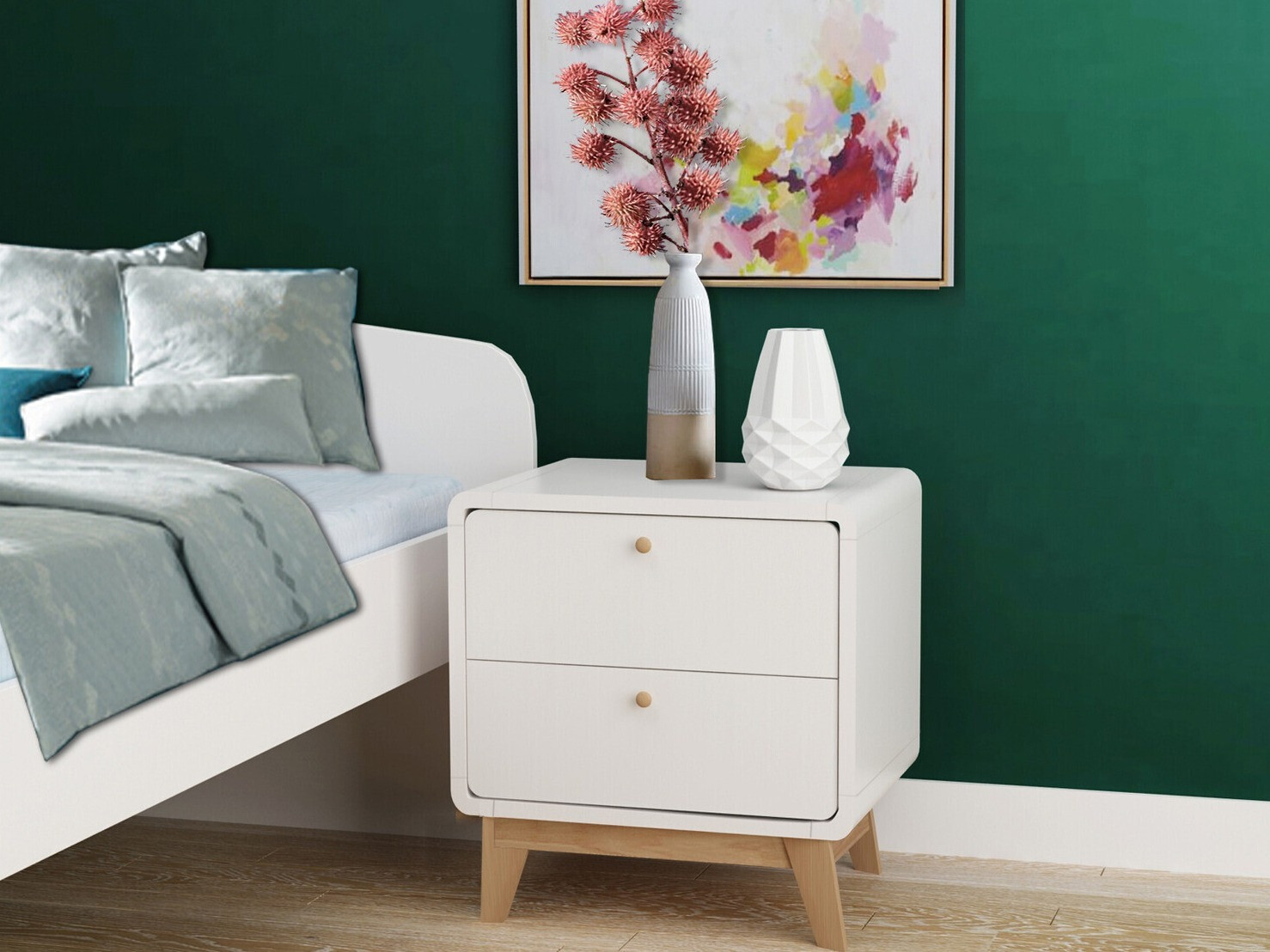 Mesa de cabeceira Elbtena 111 (Branco + Carvalho)