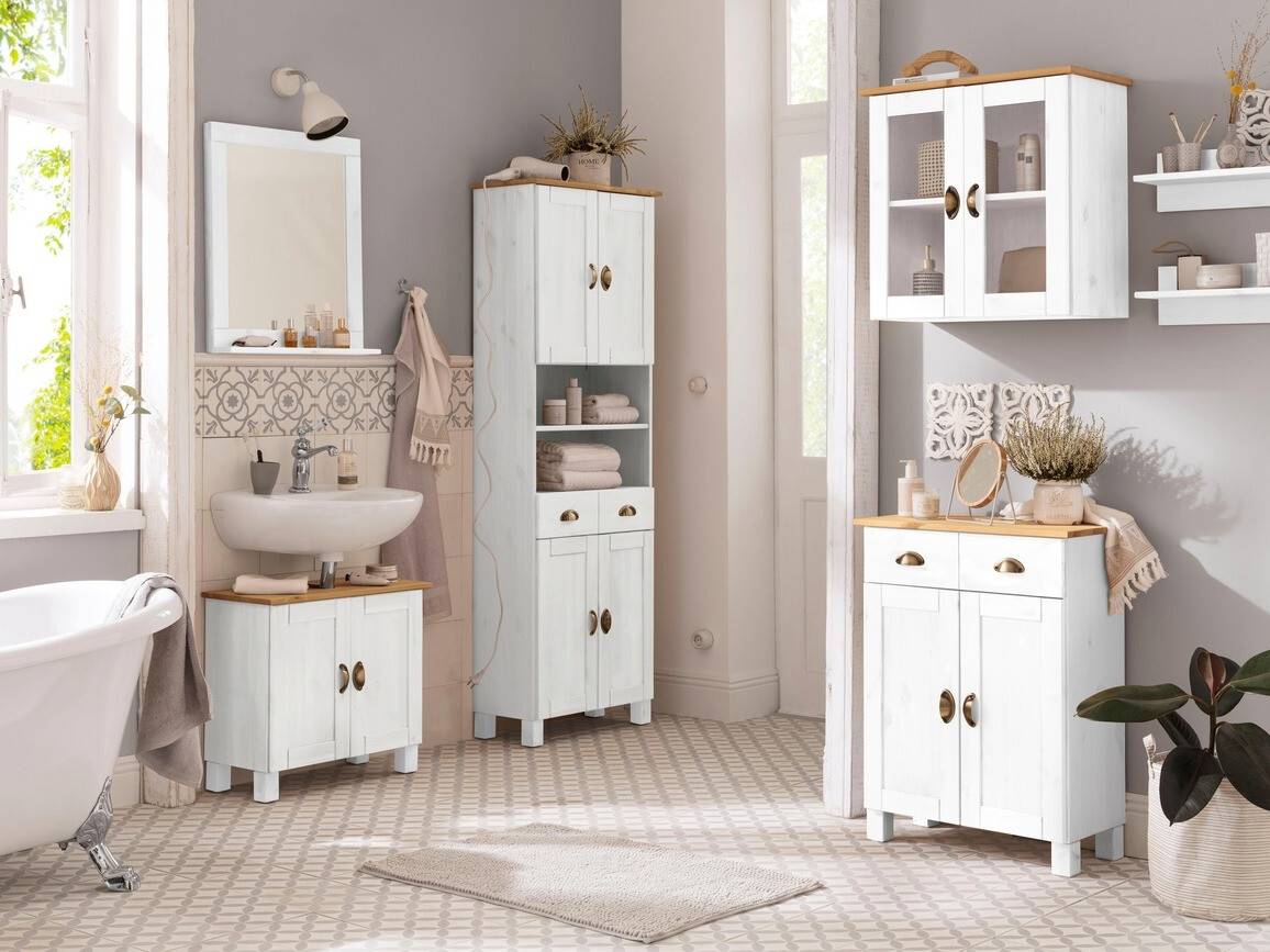 Armário montado na parede para casa de banho Serelbu 102 (Branco + Castanho claro)