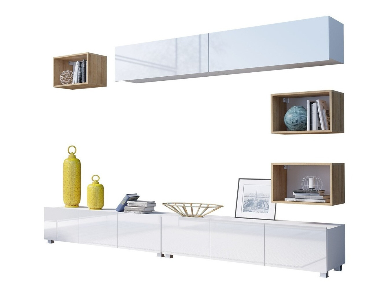 Conjunto para sala de estar Remus XXXI (Branco + Branco brilhante + Carvalho dourado)