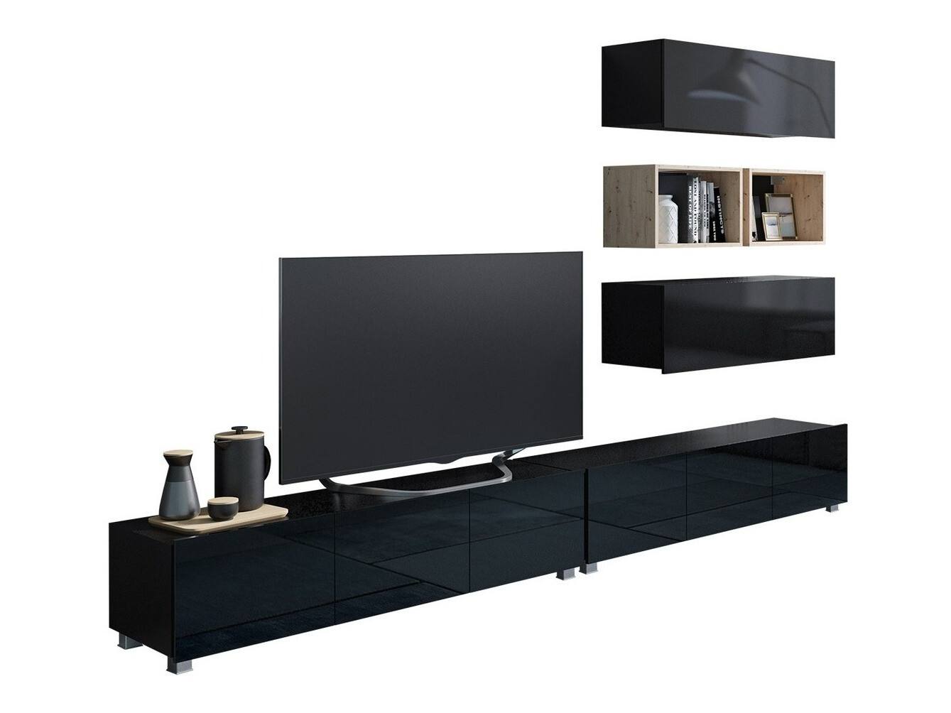 Conjunto para sala de estar Tivdalu 147 (Preto + Preto brilhante + Carvalho Artisan)