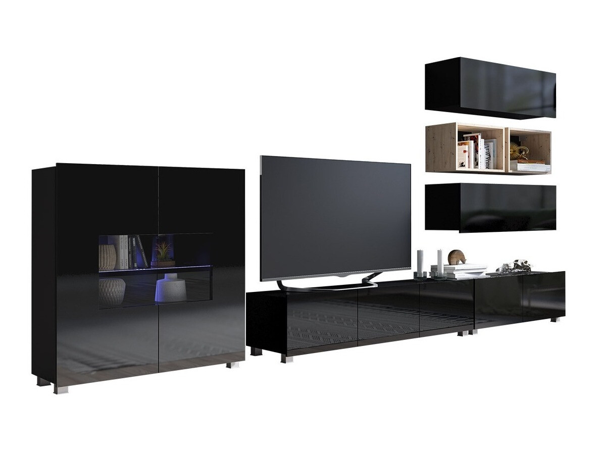 Conjunto para sala de estar Tivdalu 148 (Preto + Preto brilhante + Carvalho Artisan)