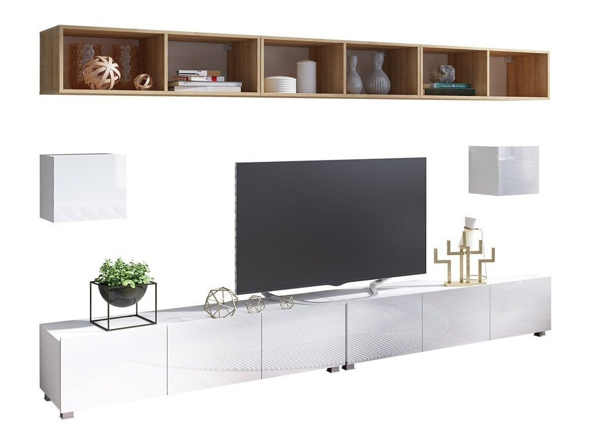 Conjunto para sala de estar Tivdalu 154 (Branco + Branco brilhante + Carvalho dourado)