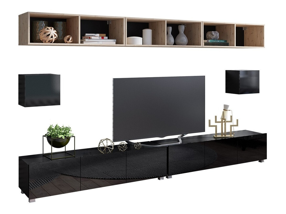 Conjunto para sala de estar Tivdalu 154 (Preto + Preto brilhante + Carvalho Artisan)