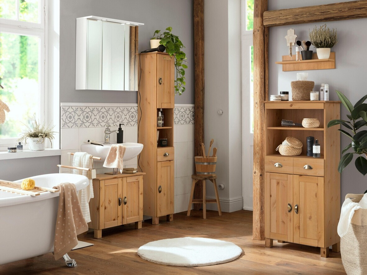 Armário de casa de banho de chão para lavatório Serelbu 105 (Castanho claro)