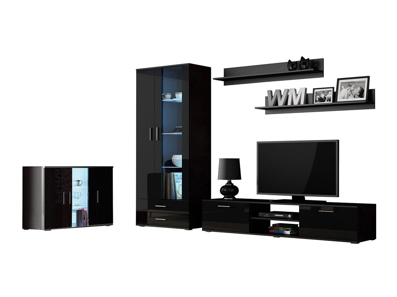 Conjunto para sala de estar Tornola 116 (Preto + Preto brilhante)