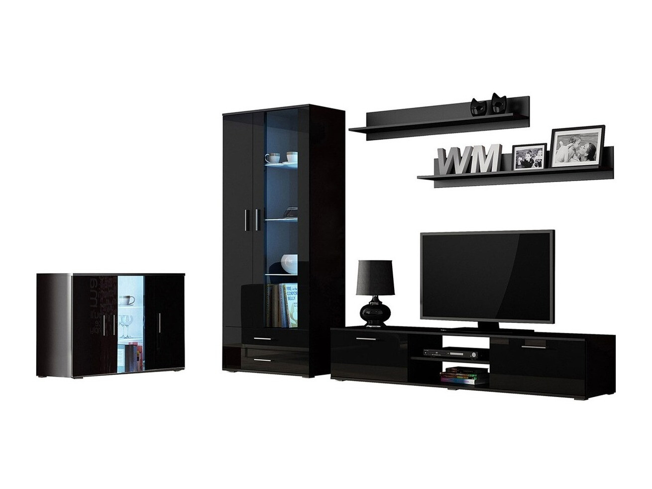 Conjunto para sala de estar Tornola 116 (Preto + Preto brilhante)