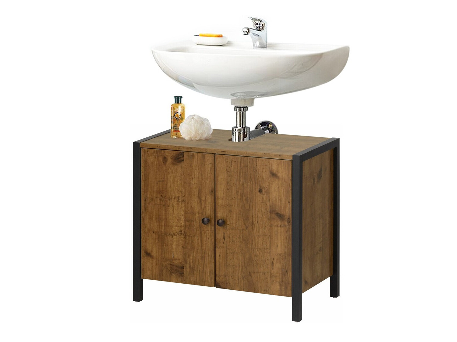 Armário com lavatório de apoio próprio para casa de banho Larnovo 113 (Carvalho escuro + Preto)