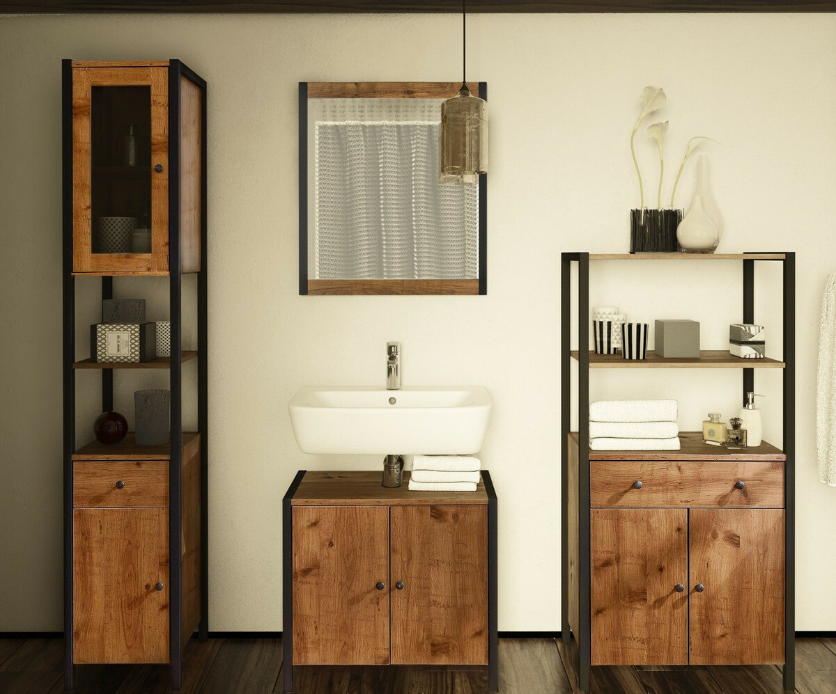 Armário com lavatório de apoio próprio para casa de banho Larnovo 113 (Carvalho escuro + Preto)