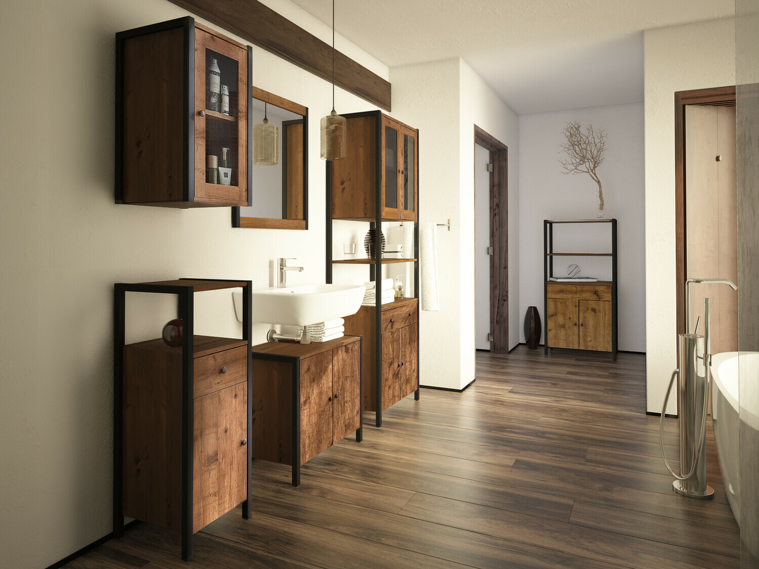 Armário com lavatório de apoio próprio para casa de banho Larnovo 113 (Carvalho escuro + Preto)