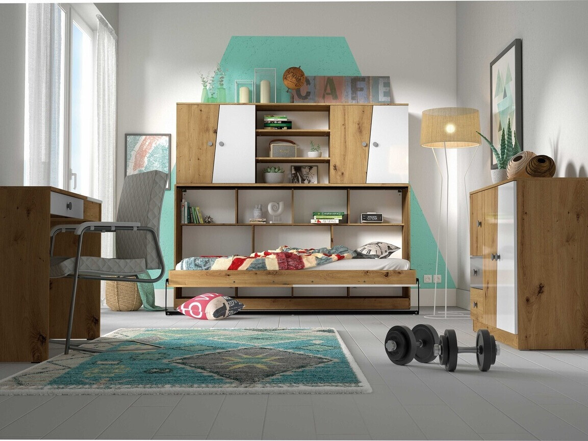 Armário suspenso Mirelbu 115 (Carvalho Artisan + Branco brilhante)