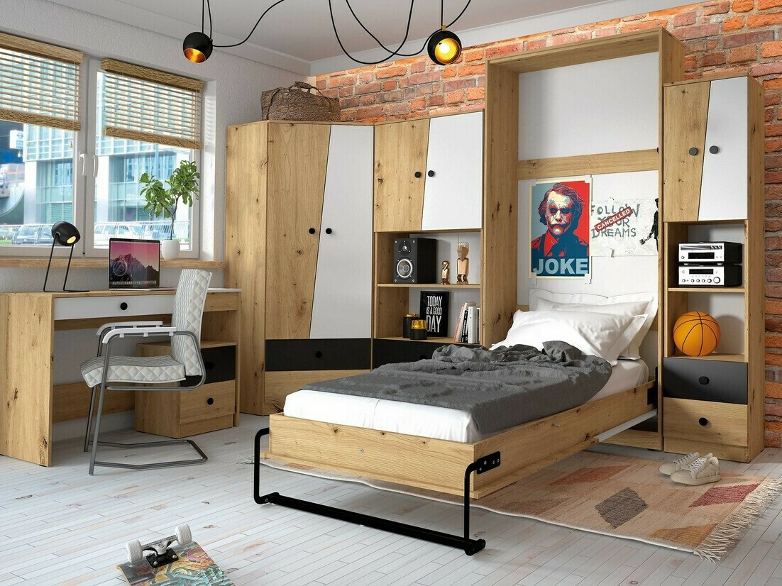 Roupeiro de canto Mirelbu 101 (Carvalho Artisan + Branco brilhante + Cinzento brilhante)