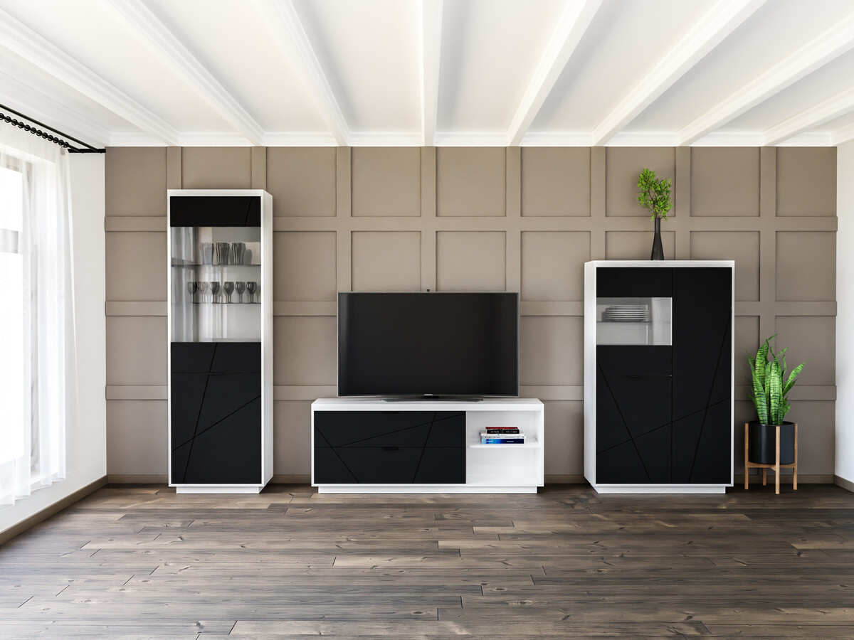 Conjunto para sala de estar Fivale 112 (Branco brilhante + Preto matte)