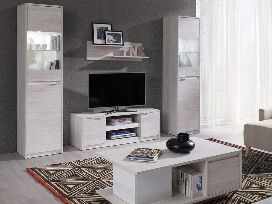 Conjunto para sala de estar Fivelbo 114 (Carvalho branqueado + Branco brilhante)