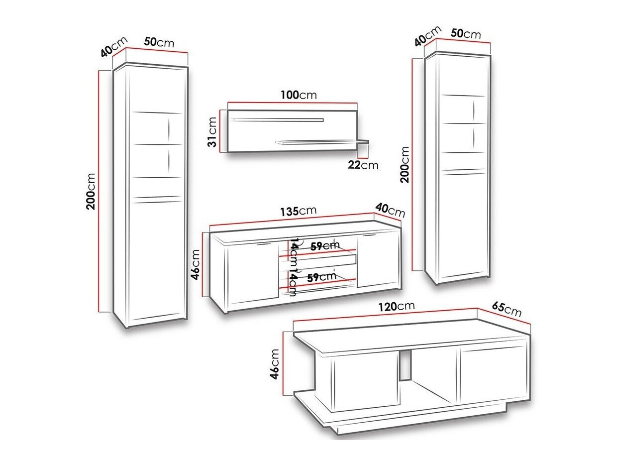 Conjunto para sala de estar Fivelbo 114 (Carvalho branqueado + Branco brilhante)