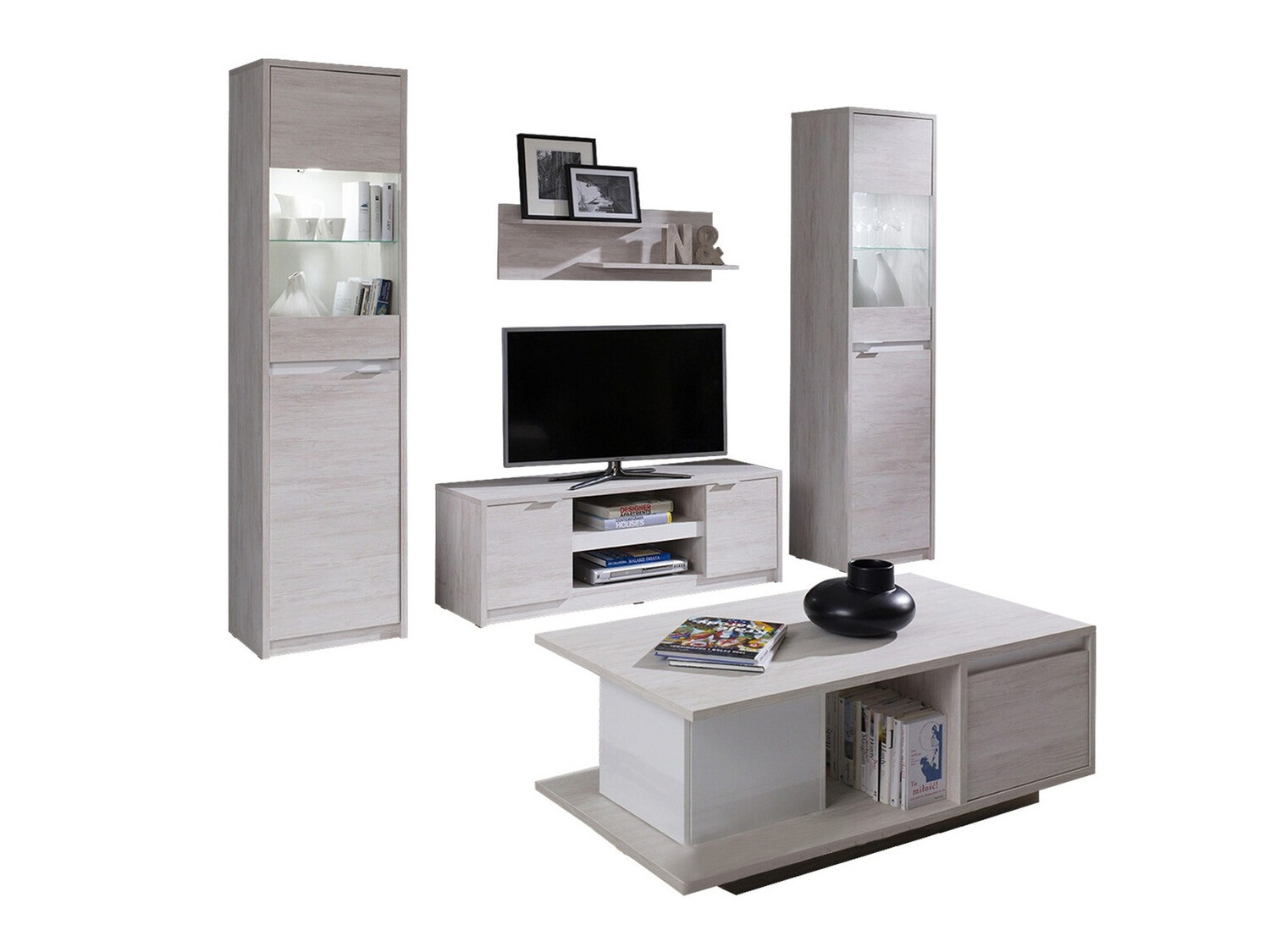 Conjunto para sala de estar Fivelbo 114 (Carvalho branqueado + Branco brilhante)