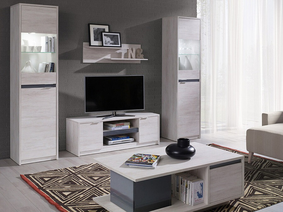 Conjunto para sala de estar Fivelbo 114 (Carvalho branqueado + Grafite brilhante)