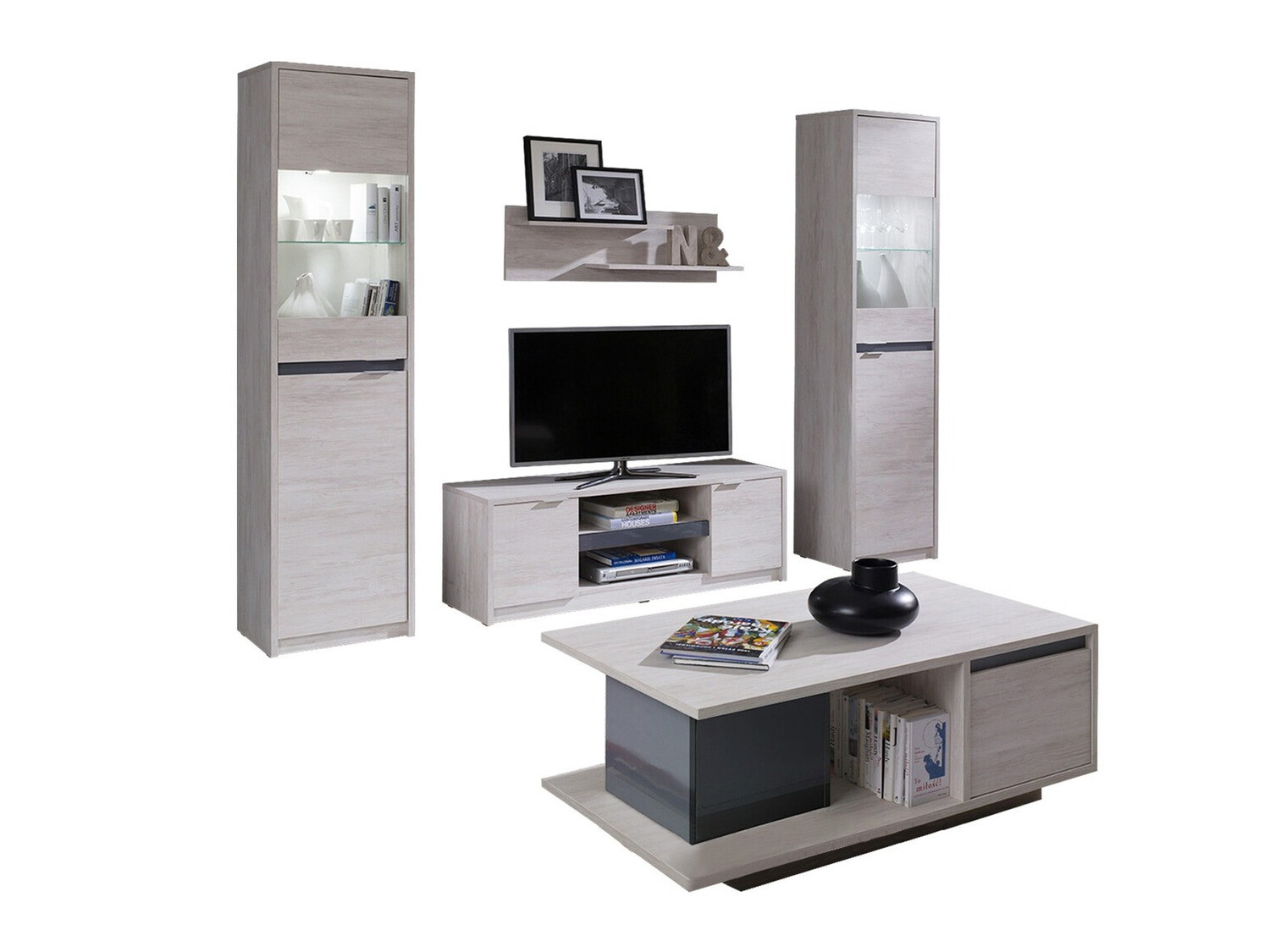 Conjunto para sala de estar Fivelbo 114 (Carvalho branqueado + Grafite brilhante)