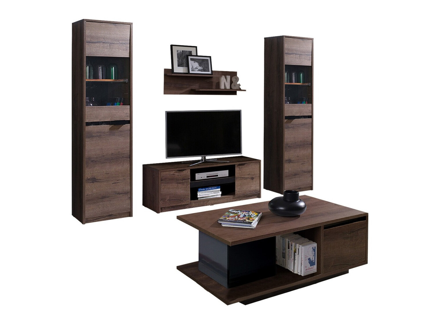 Conjunto para sala de estar Fivelbo 114 (Carvalho do Monastery + Preto brilhante)