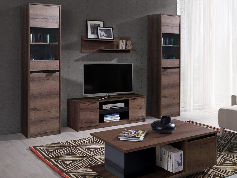 Conjunto para sala de estar Fivelbo 114 (Carvalho do Monastery + Preto brilhante)