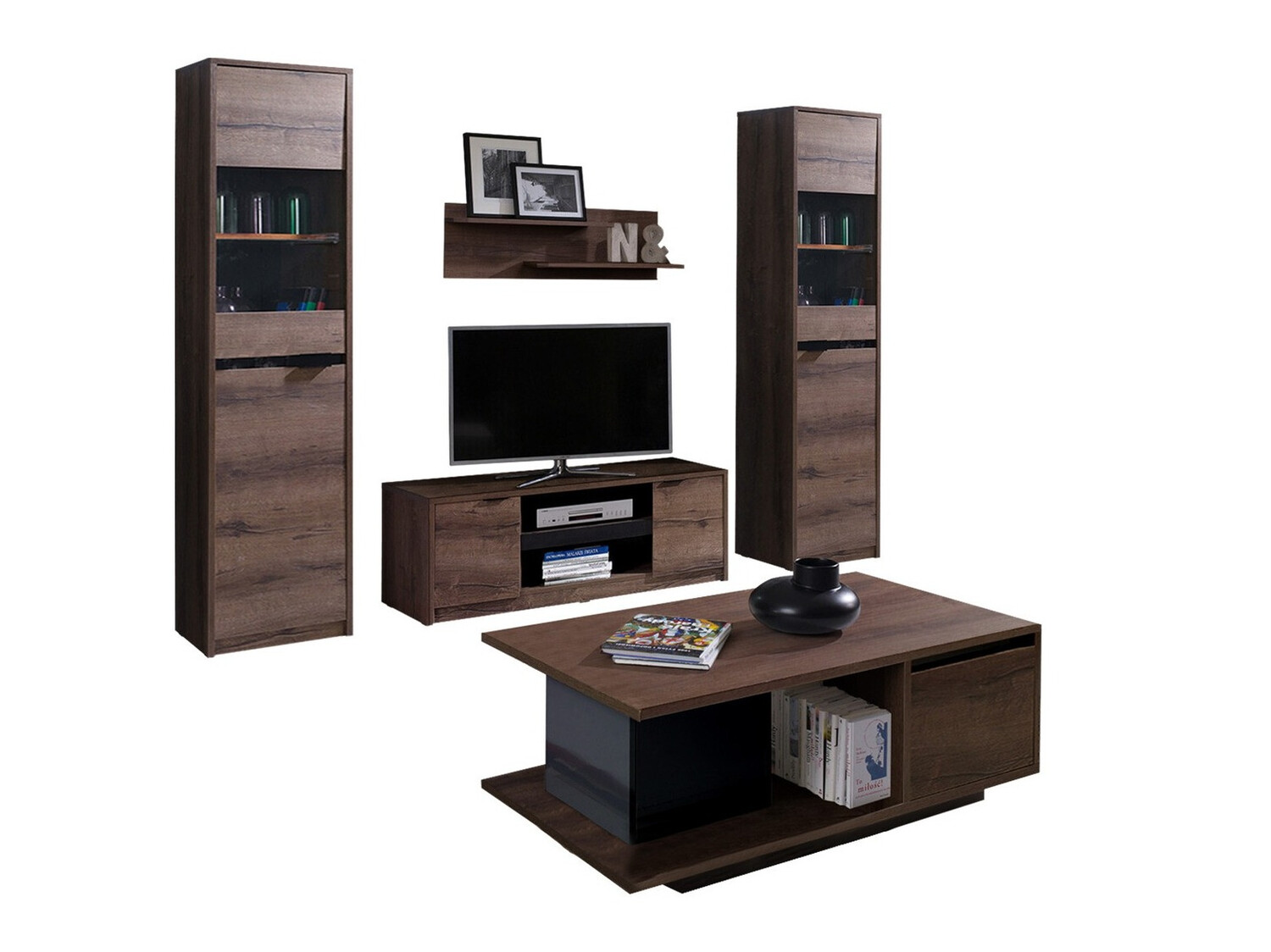Conjunto para sala de estar Fivelbo 114 (Carvalho do Monastery + Preto brilhante)