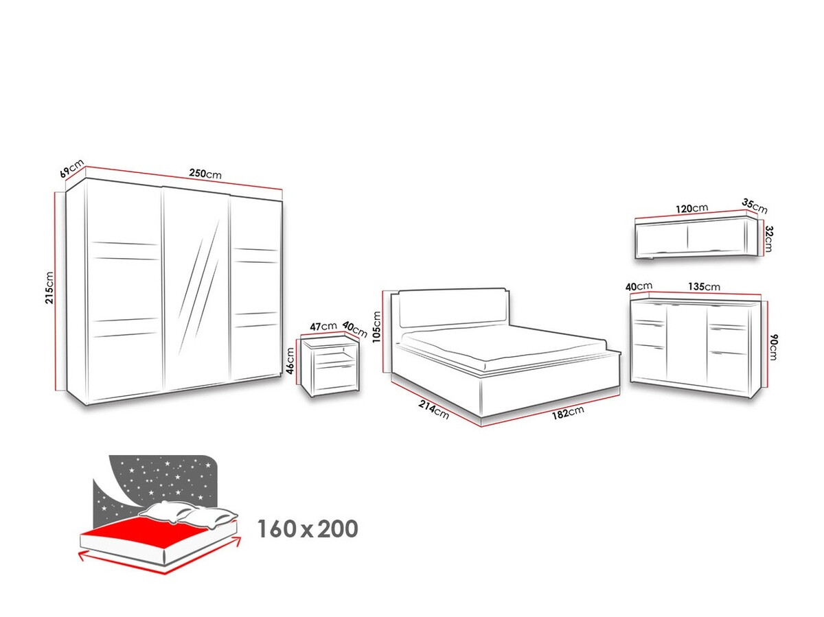 Conjunto para quarto Fivelbo 120 (Carvalho branqueado + Grafite brilhante)