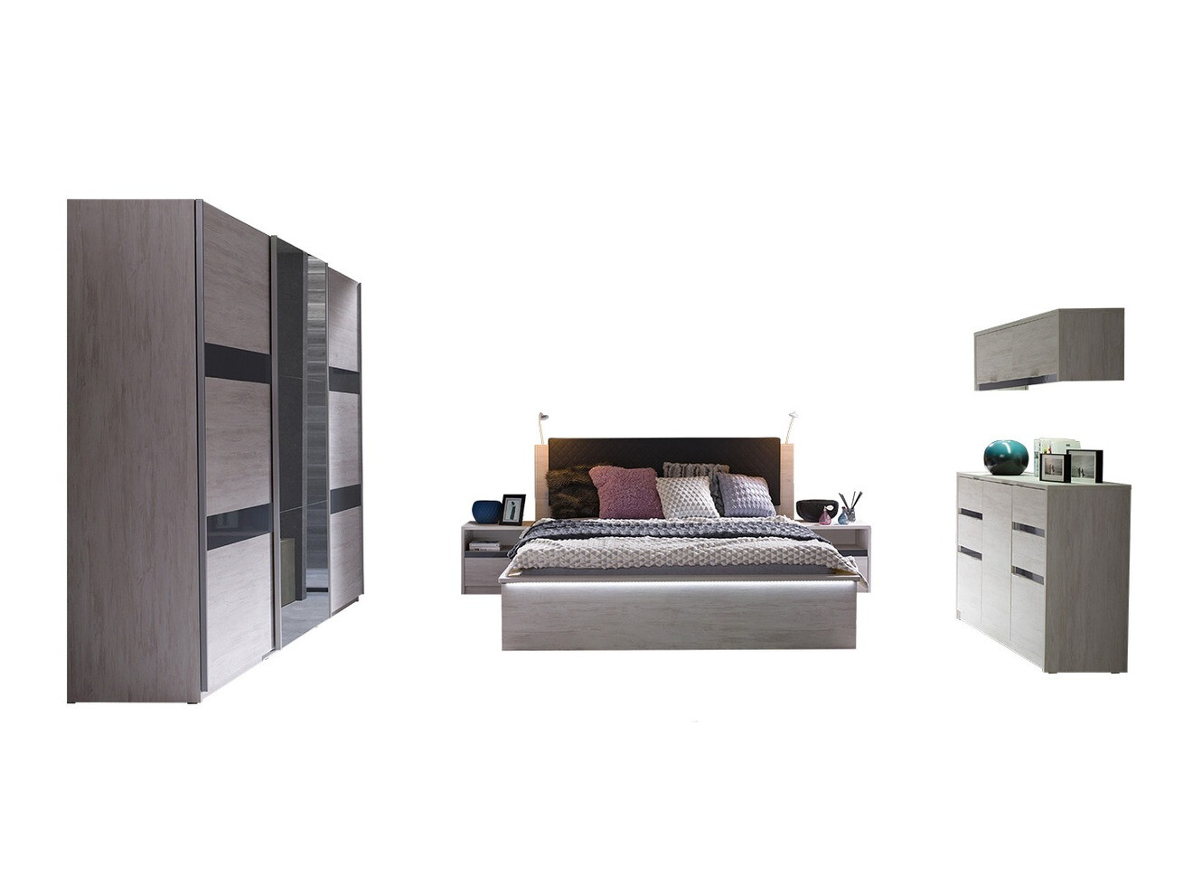 Conjunto para quarto Fivelbo 120 (Carvalho branqueado + Grafite brilhante)