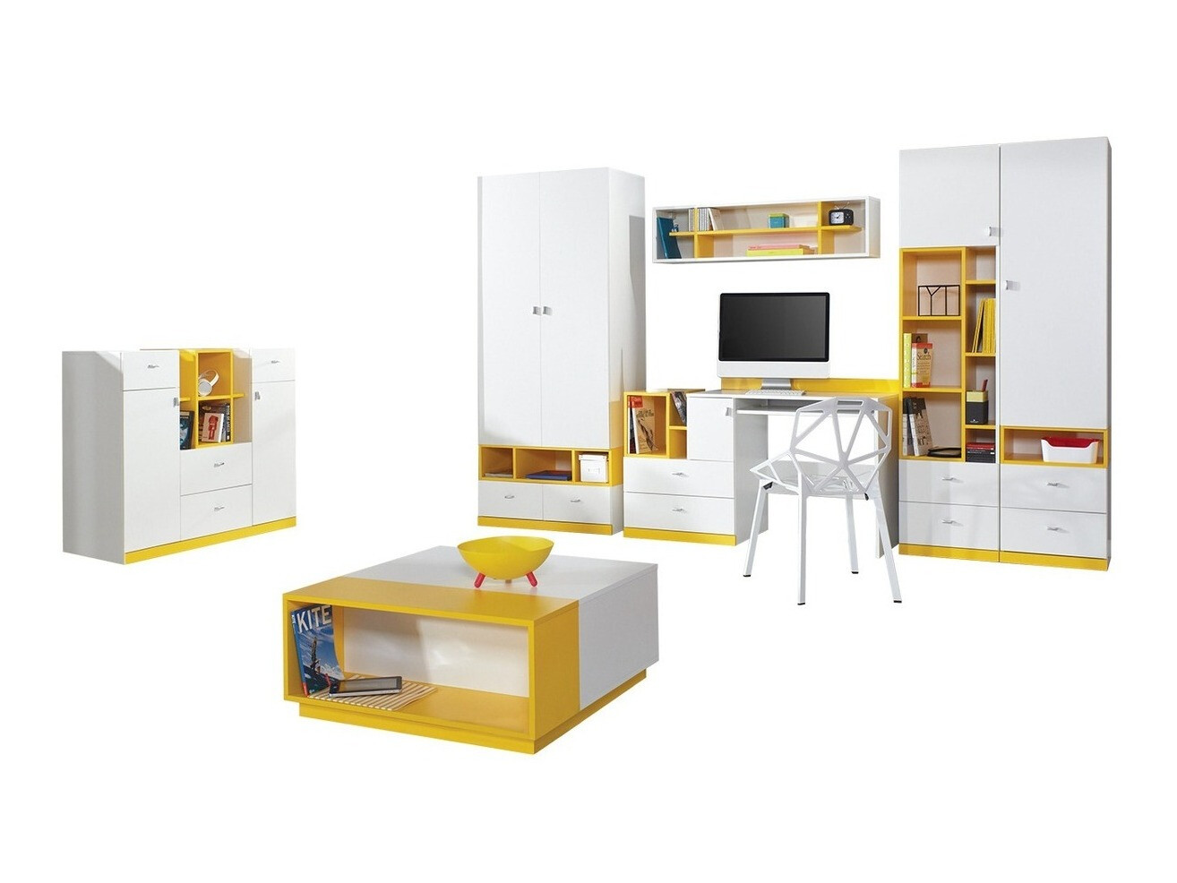 Conjunto de mobiliário Omaha E118 (Branco + Amarelo)