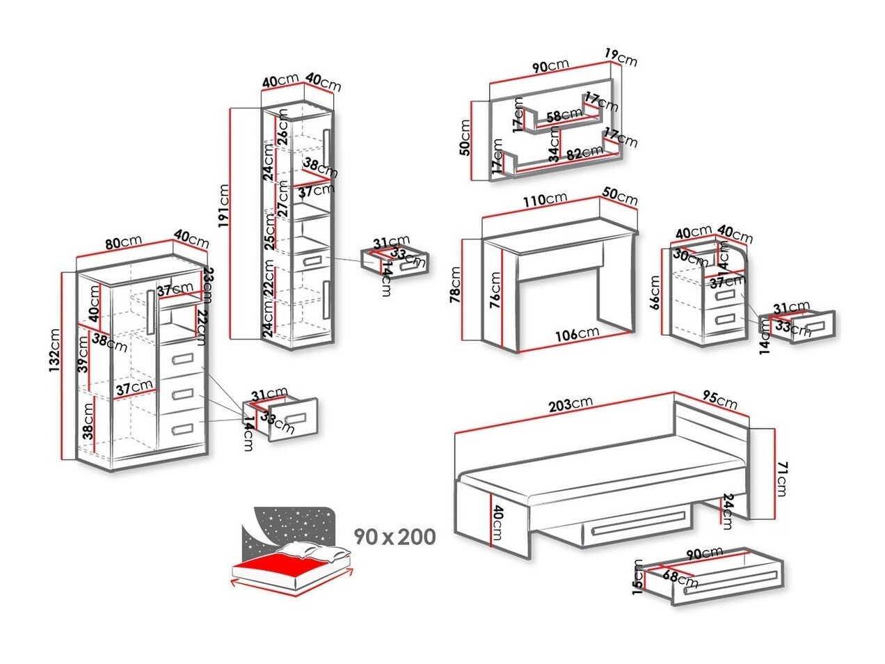 Conjunto de mobiliário Akron H106 (Antracite + Branco + Cinzento)