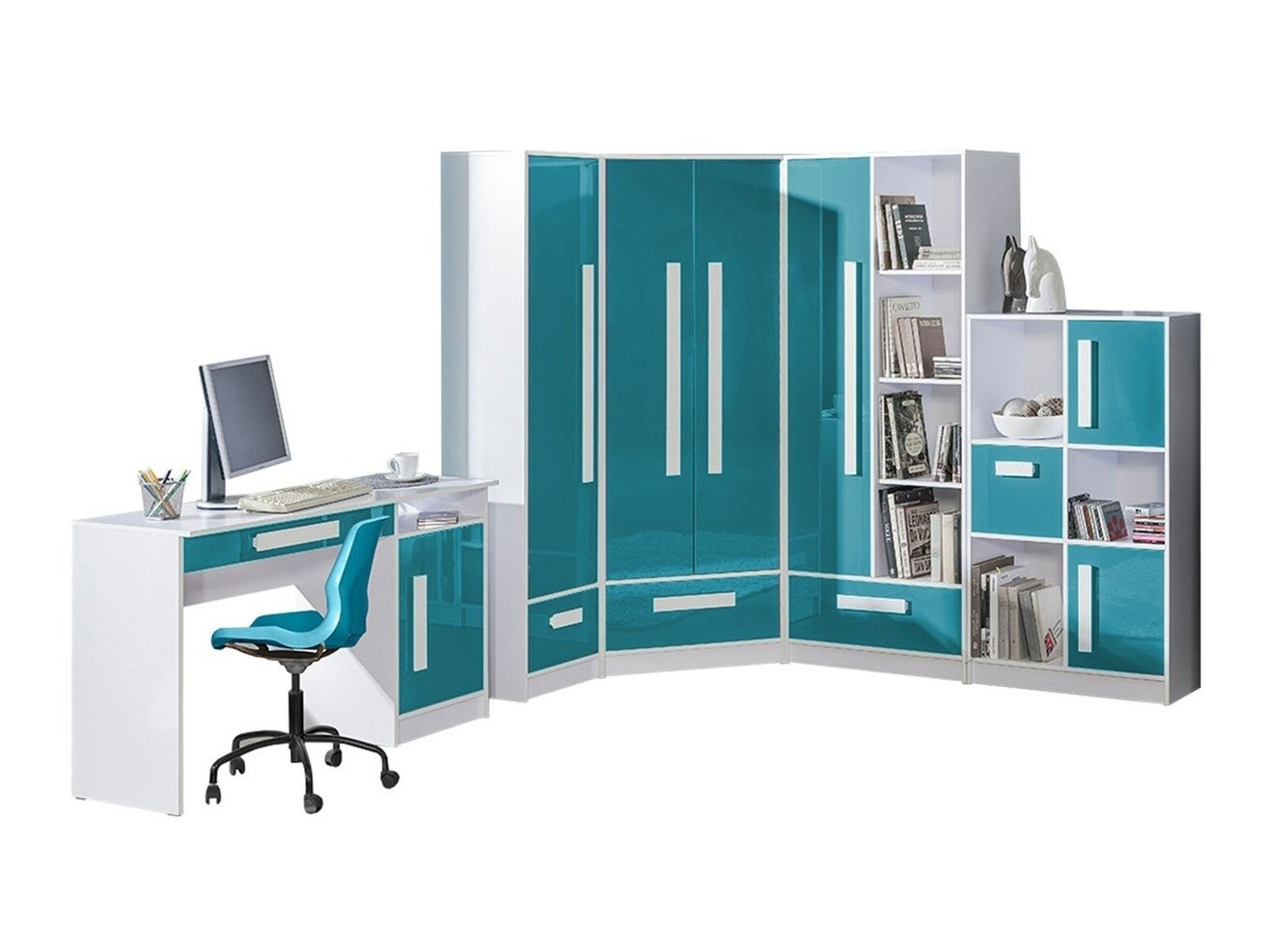 Conjunto para quarto infantil Merevari 107 (Branco + Brilhante Turquesa)