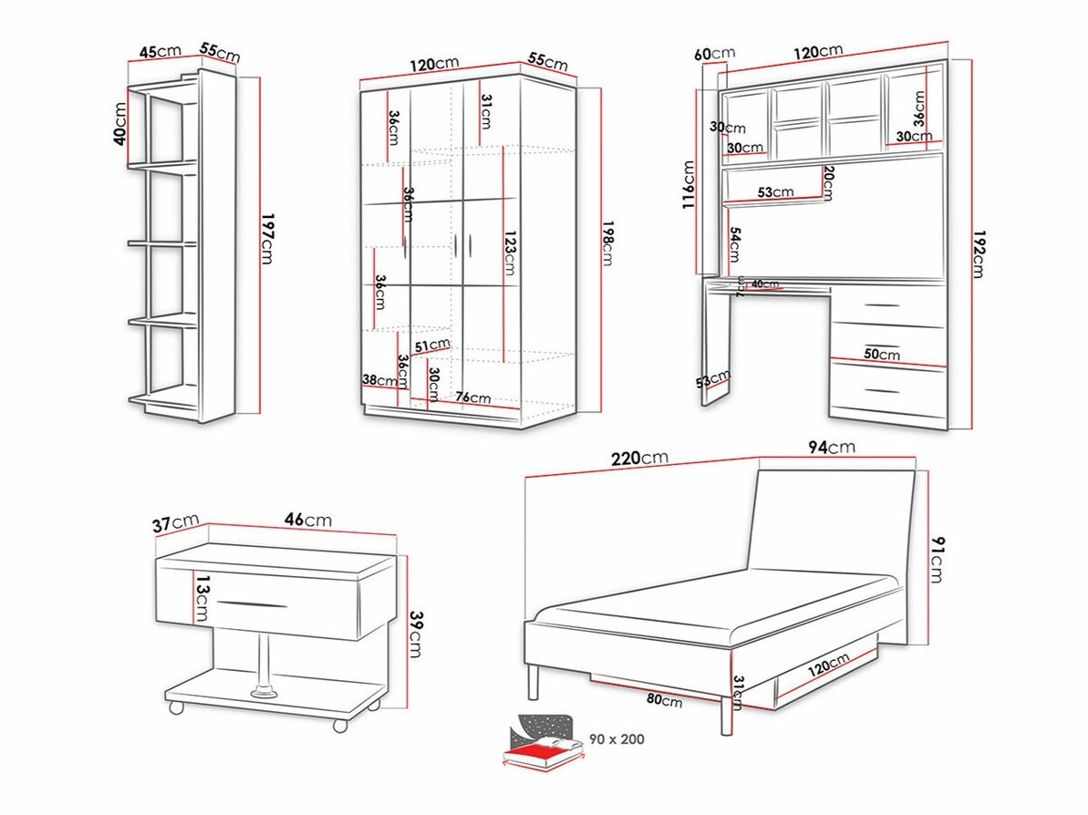 Conjuntos para quartos de criança Campus (Branco brilhante + Cor-de-rosa brilhante)