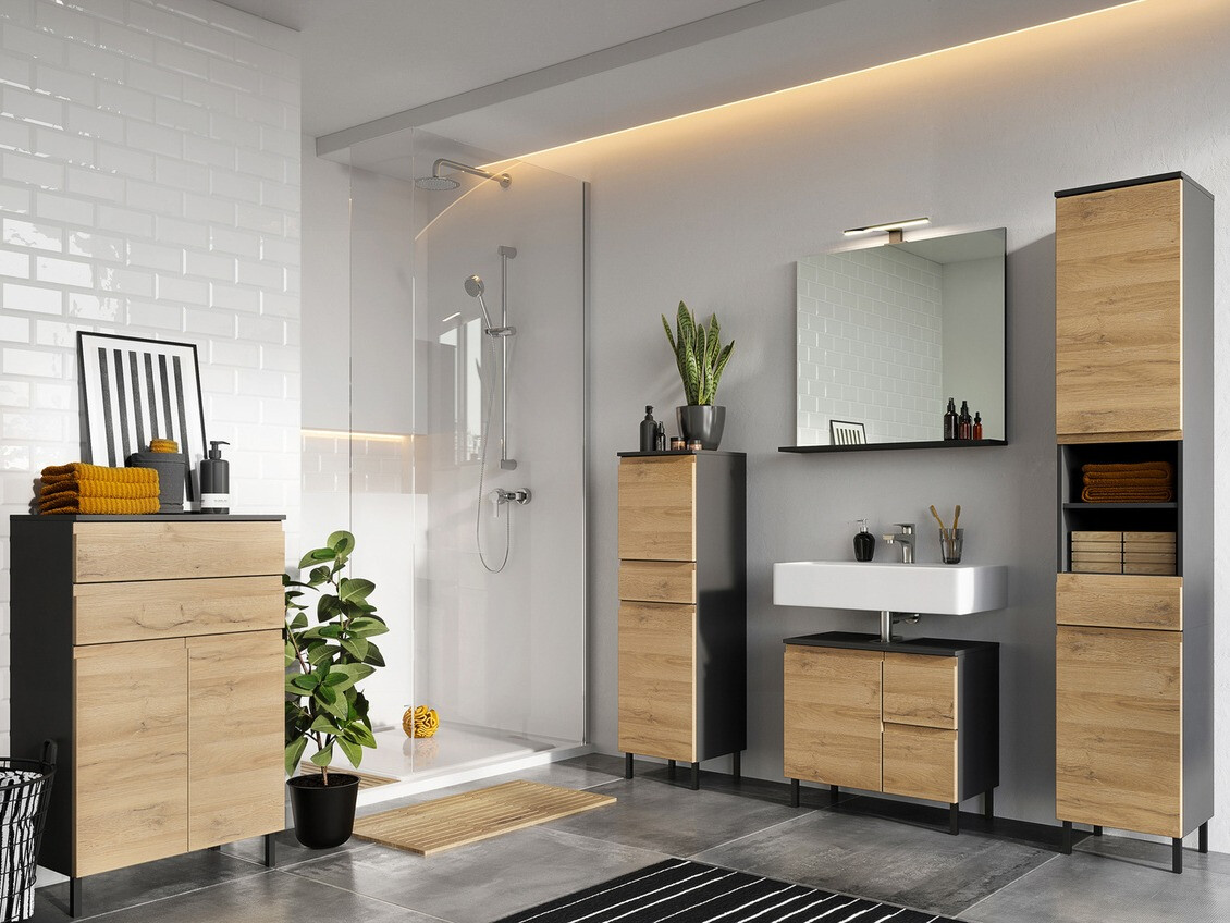 Armário colocado para casa de banho Talmira 101 (Grafite + Grande carvalho)