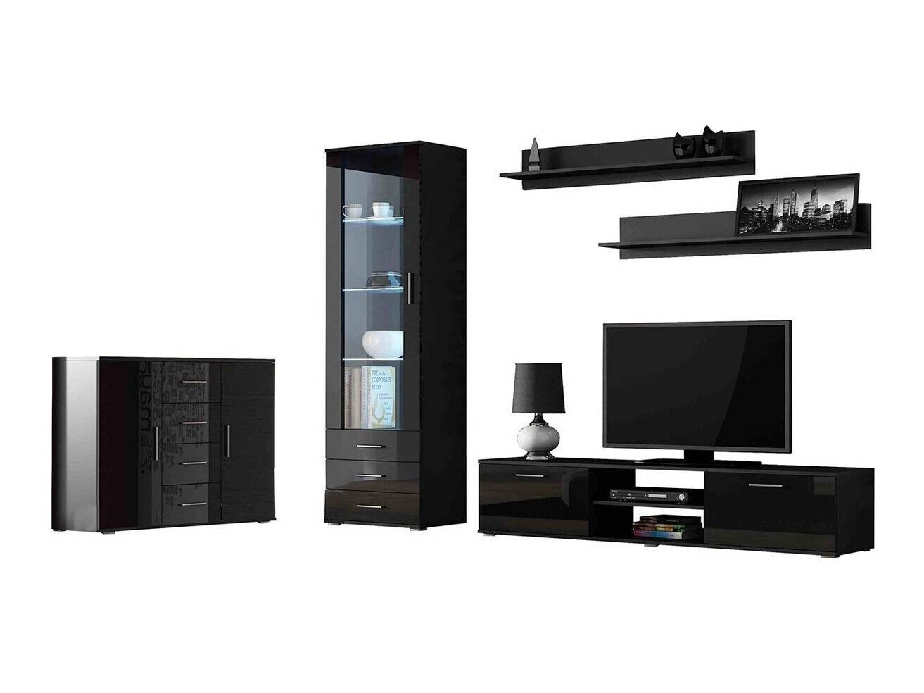 Conjunto para sala de estar Tornola 108 (Preto + Preto brilhante)