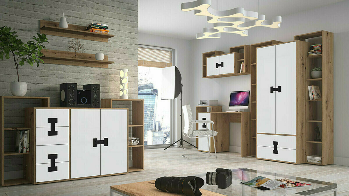 Conjunto de mobiliário Florevi 105 (Mate branco + Carvalho Artisan)