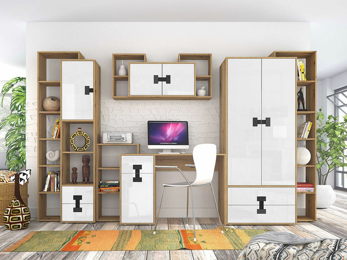 Conjunto para escritório em casa Florevi 104 (Branco brilhante + Carvalho Artisan)