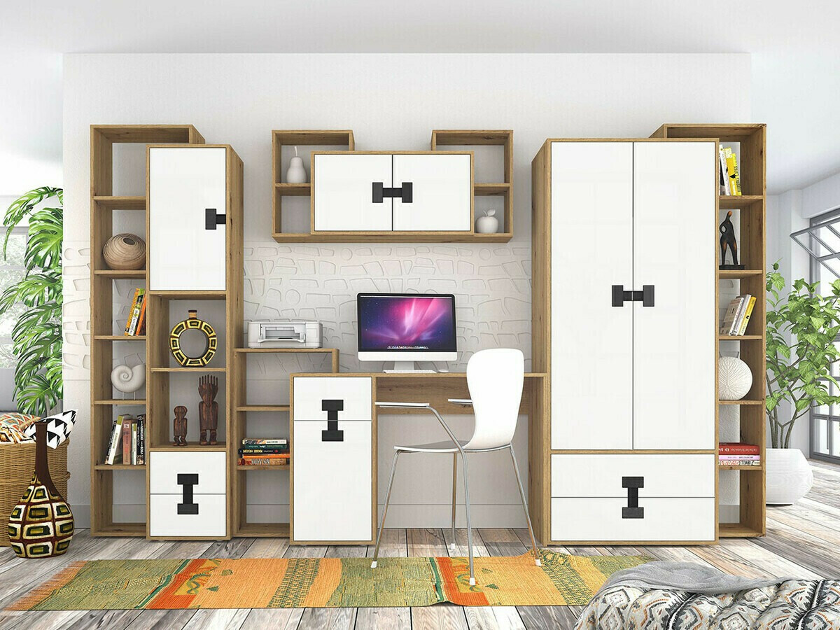 Conjunto para escritório em casa Florevi 104 (Mate branco + Carvalho Artisan)
