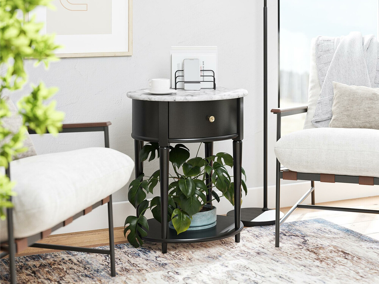 Mesa de apoio Tulsa 233 (Preto + Marmore branco)