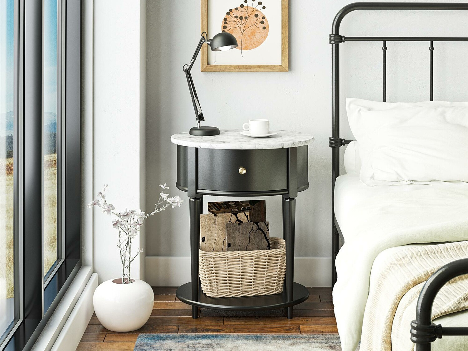 Mesa de apoio Tulsa 233 (Preto + Marmore branco)