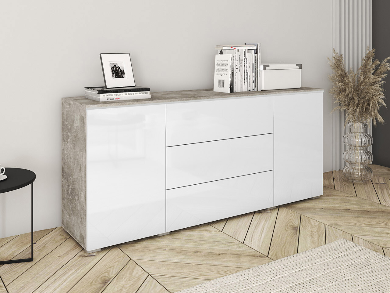 Cómoda Mirfivo 102 (Cimento + Branco brilhante)