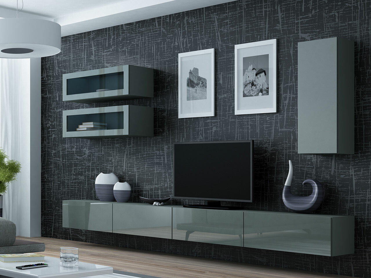 Conjunto para sala de estar Venenou 138 (Cinzento + Cinzento brilhante)