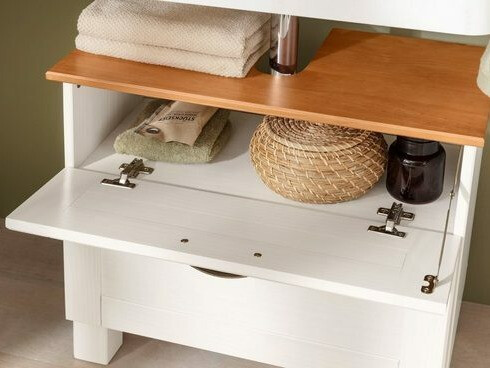 Armário com lavatório de apoio próprio para casa de banho Ophlevu 102 (Branco + Carvalho de mel)