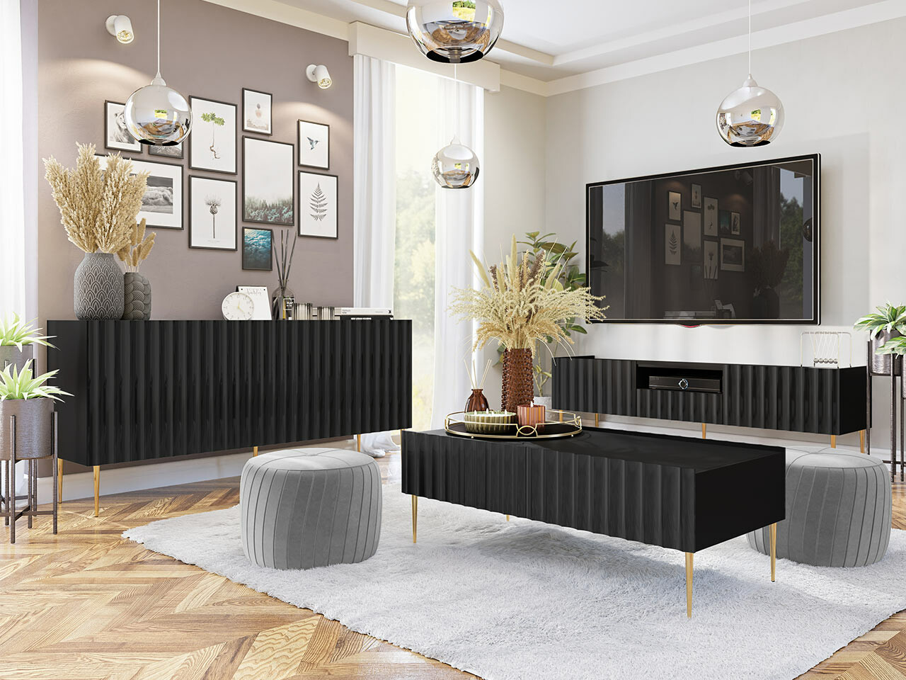 Conjunto para sala de estar Merced B131 (Preto brilhante + Preto)