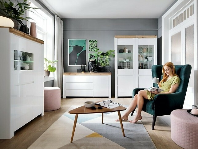 Cómoda Sonsoru 100 (Branco + Branco brilhante + Carvalho wotan)