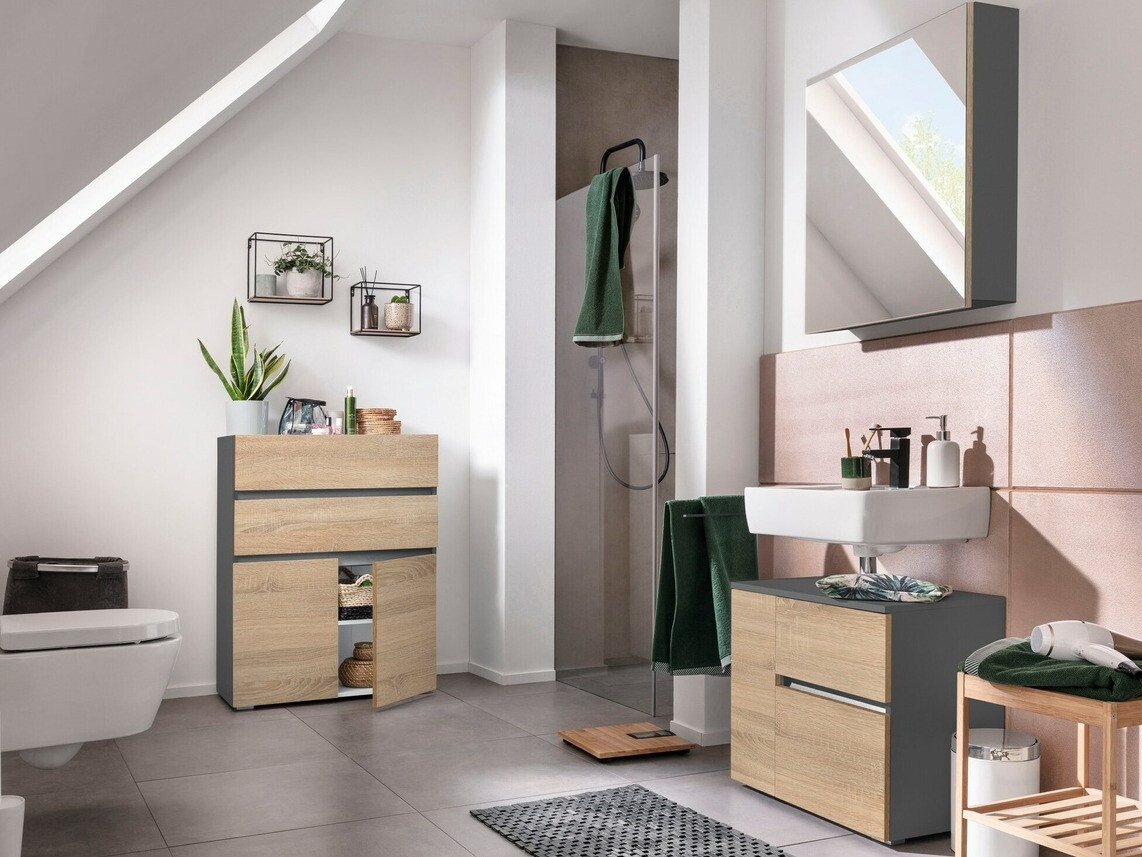 Armário com lavatório de apoio próprio para casa de banho Soncamu 108 (Antracite + Carvalho)