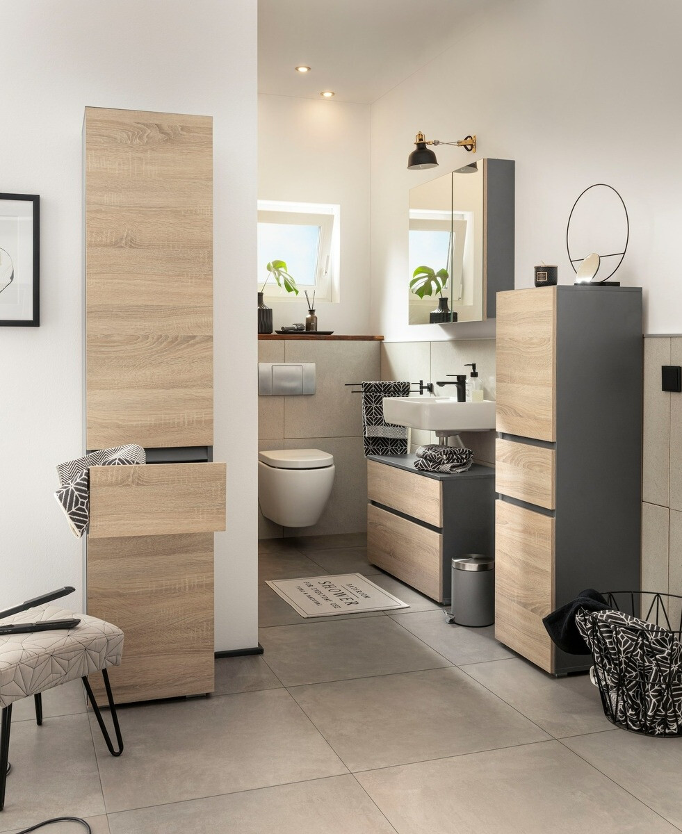 Armário de casa de banho de chão para lavatório Soncamu 106 (Antracite + Carvalho)