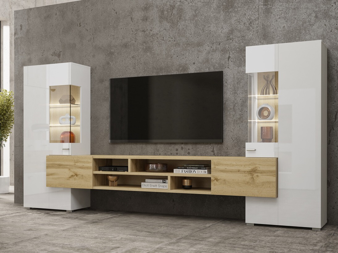 Conjunto para sala de estar Mondalo 101 (Carvalho wotan + Branco brilhante)
