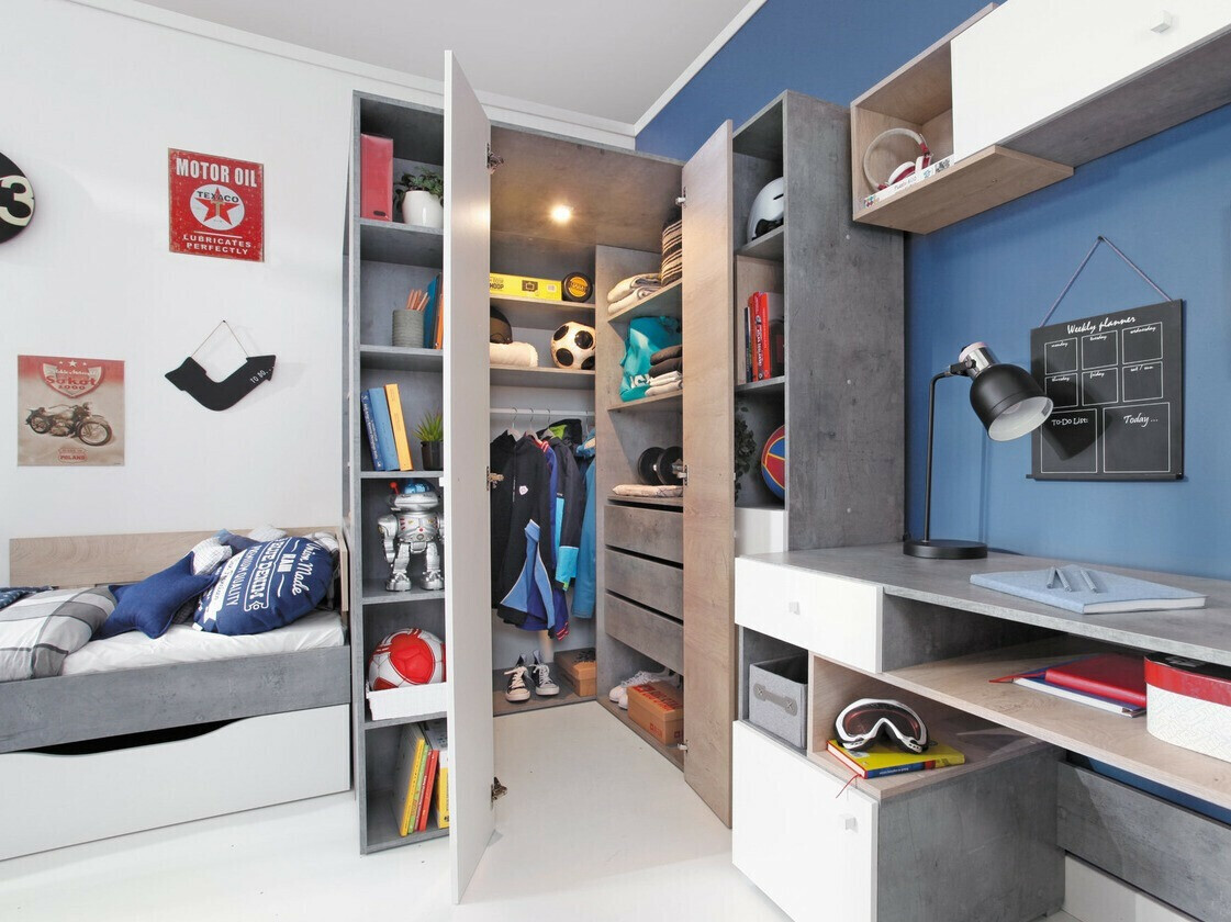 Roupeiro de canto Omaha J123 (Cimento + Branco + Carvalho)