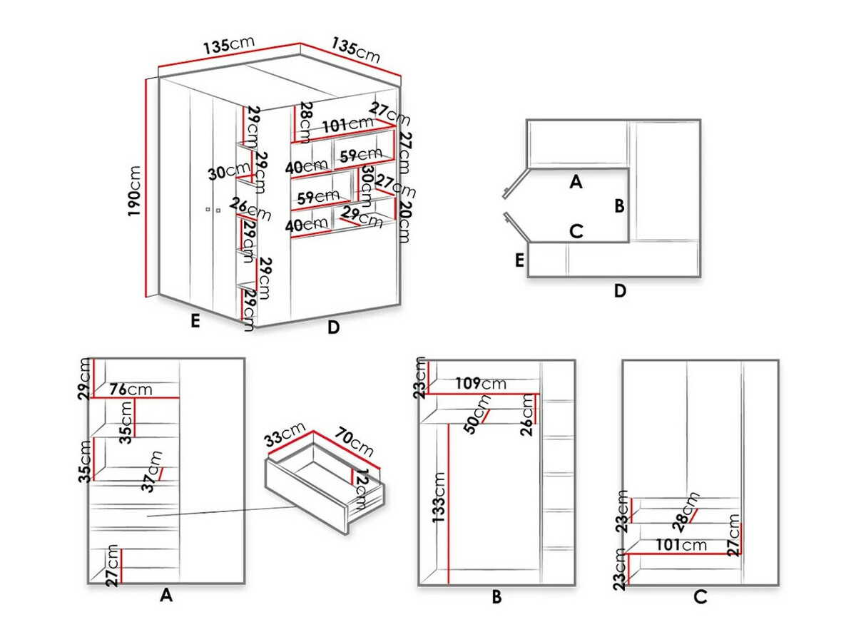 Roupeiro de canto Omaha J123 (Cimento + Branco + Carvalho)