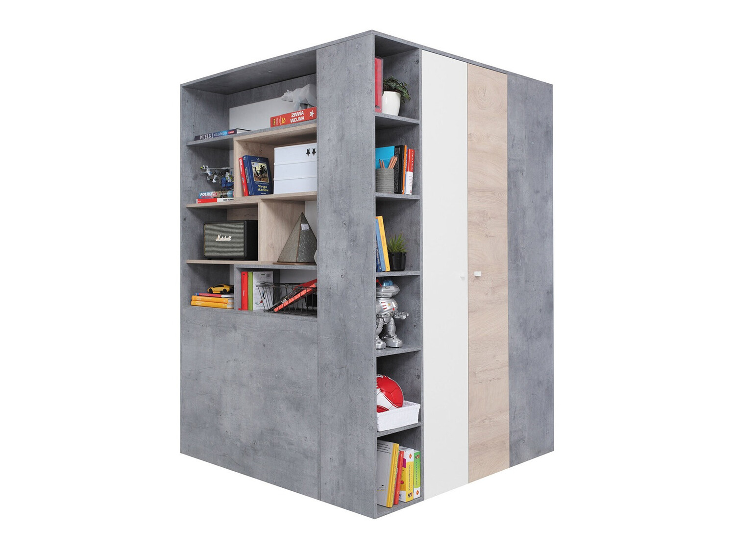 Roupeiro de canto Omaha J123 (Cimento + Branco + Carvalho)