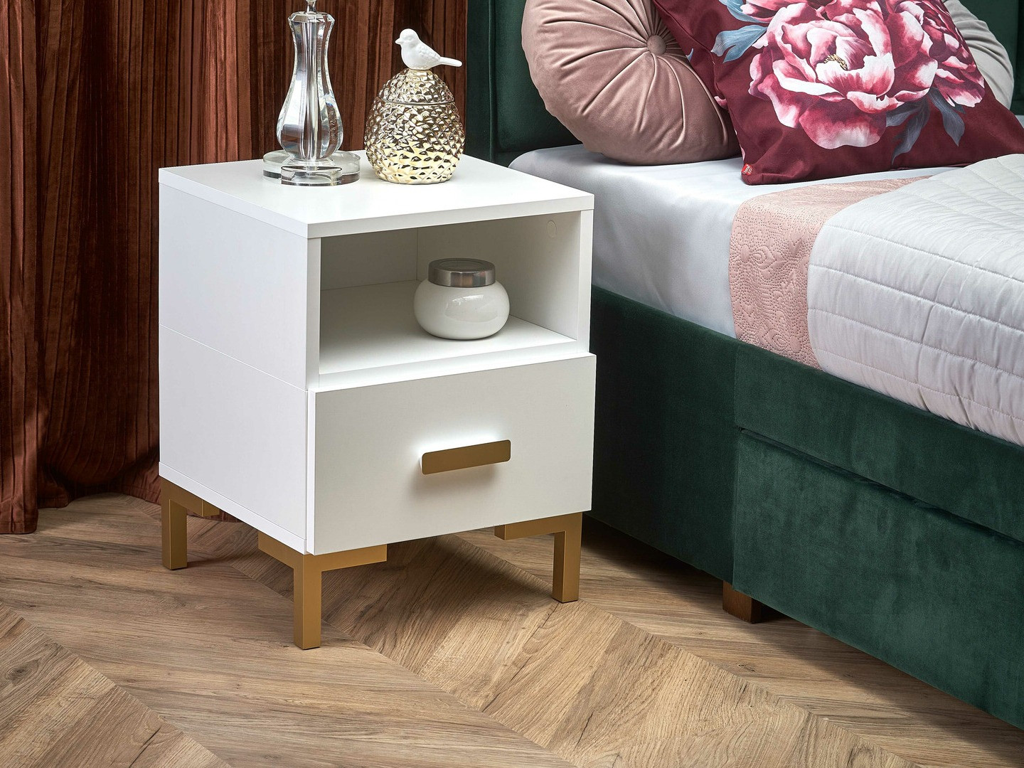 Mesa de cabeceira Houston 1225 (Branco + Dourado)