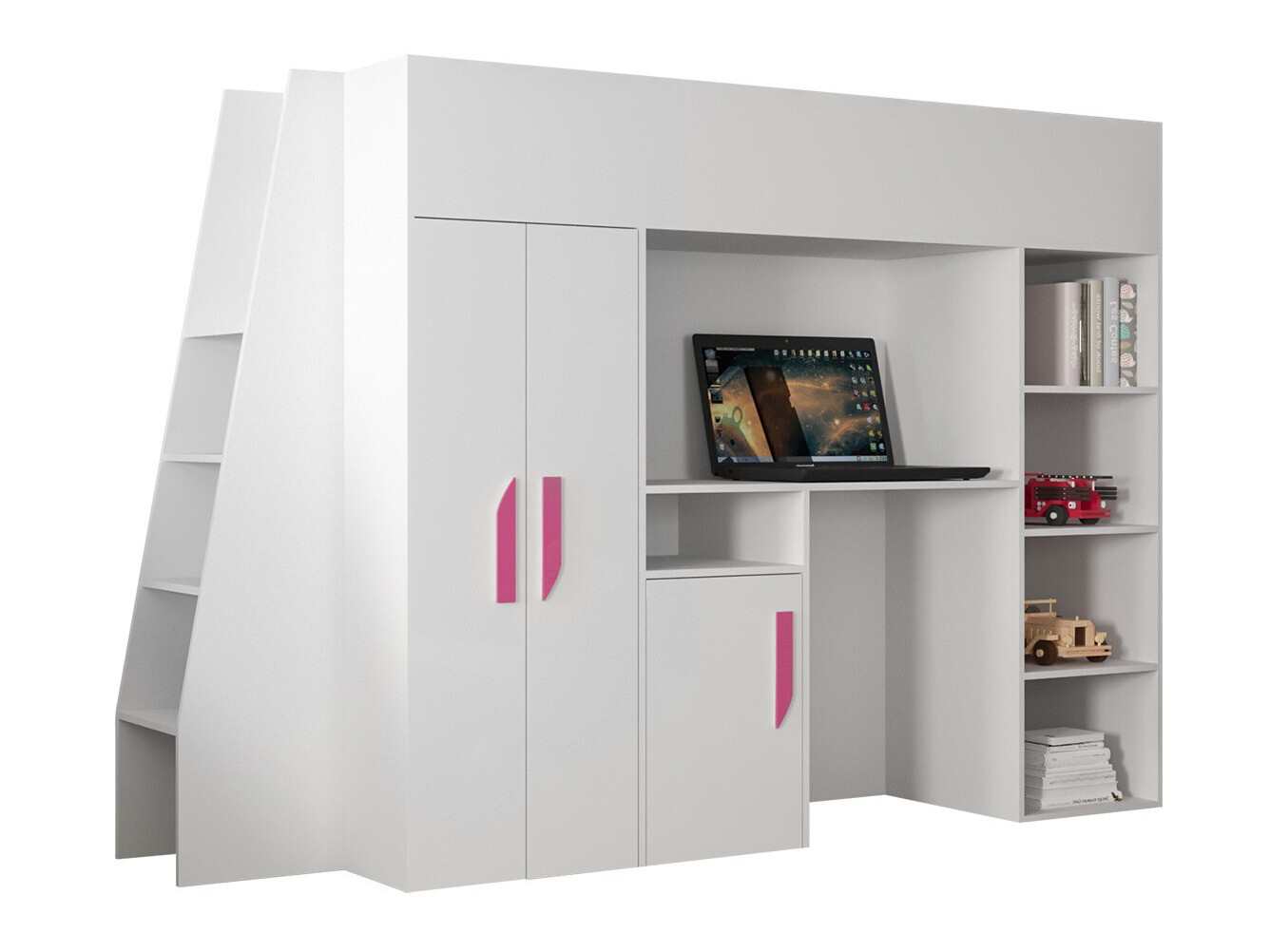 Cama alta Hartford 355 (Branco + Branco brilhante + Rosa)